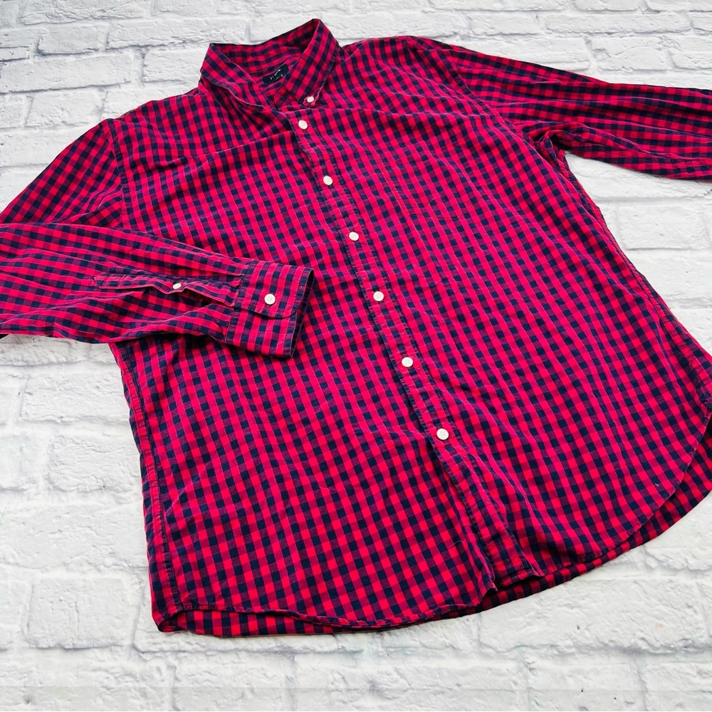 J. Crew Factory Men's Long Sleeve Button Down Shirt Red Blue Gingham Plaid
